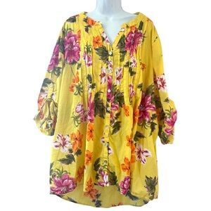 ROAMANS Boho Floral Yellow Button-Up Blouse Long Roll Tab Sleeve Womens Size 26W